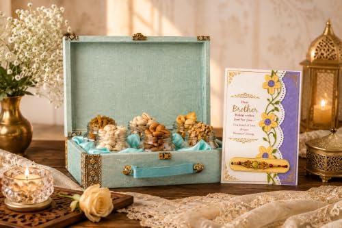 Image of Browntree Dry Fruits Rakhi Gift Hamper Bluemina 6P- 650g | Rakhi Hamper for Brother| 6 Piece luxury Gift Hamper - Almonds, Cashews, Raisins, Salted Pista, Apricots & Walnuts | Festive & Corporate Gifting Box | Ideal Gift Box for all celebration