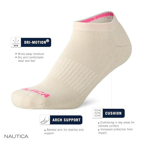 Image of Nautica Womens No Show Socks Moisture Wicking Athletic Low Cut Socks 6 Pack | Moisture Wicking Dri-Motion Fabric, Cushioned Key Areas, Banded Arch Support, No Show Low Cut, Shoe Size 4-10