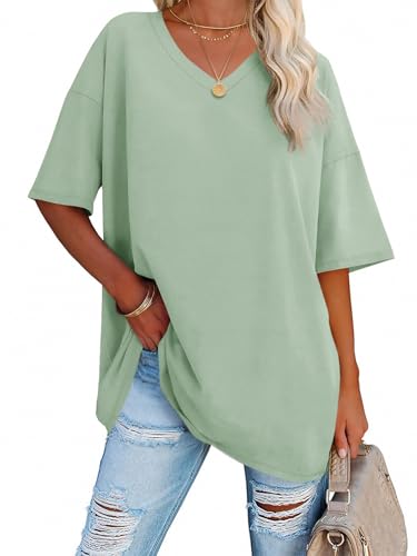Ebifin Damen Oversize T Shirt mit V-Ausschnitt Kurzärmeliges Casual Lockere Basic Sommer Tee Shirts Bluse.Hellgrün.XXL