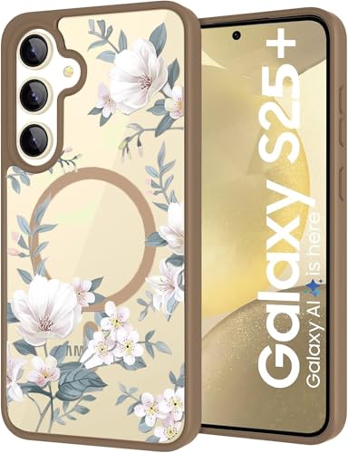 Image of VONZEE Compatible with Samsung Galaxy S25 Plus 5G Case Luxury Retro Flowers Floral for Magnetic Wireless Charging Clear Case Shockproof PC+TPU Cute Glossy Shiny Cover for Girls Women,Desert Titanium