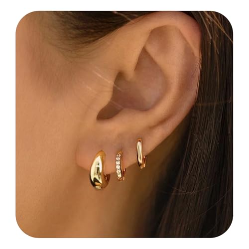 3 Pair Small Gold Hoop Earrings Set for Women, Huggie Hoop Earrings Earring Stack Helix Jewelry as Gold Earrings for Multiple Piercing, Tiny Stud Earrings as Cute Jewelry for Woman Daily Wear