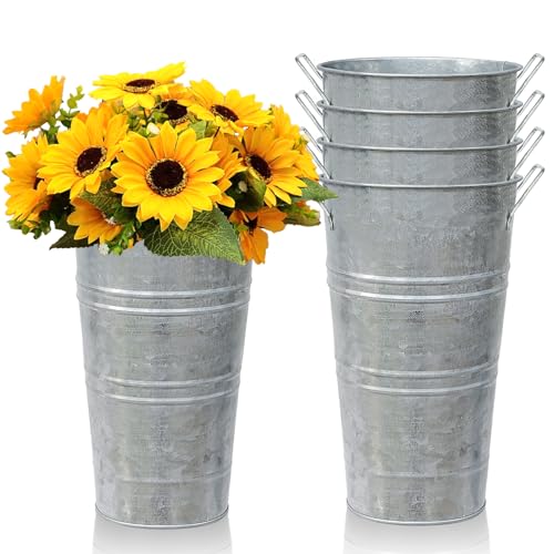 12 Inch High Galvanized Bucket Vase w/Handle 4Pcs White Metal Vases