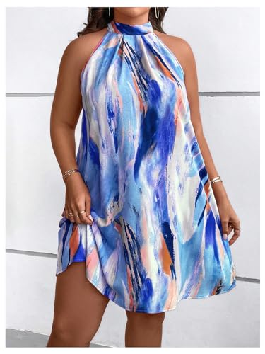 Image of Verdusa Women's Plus Size Tie Back Halter Neck Sleeveless Short Tunic Dress