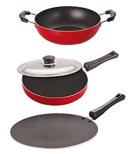 Image of Nirlon Non-Stick Coated Aluminium Roti Tawa Fry Pan and Kadai Combo Kitchen Cooking Item Set, 2.6mm CT11 FP13 KD10