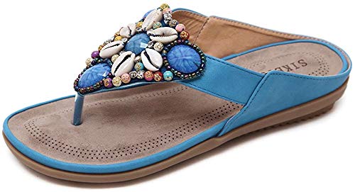 Damen Zehentrenner Flip Flops Strass Zierperlen Bohemian Pantolette in Größe 35-44