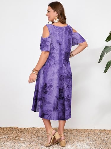Image of LARACE Plus Size Women Dress for Summer, Midi Women's Sundress, Casual V-Neck Short Sleeve Flowy T-Shirt Dresses with Pockets