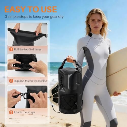 Image of Waterproof Dry Bag 500D PVC Roll Top Dry Sack with 3 Carrying Ways, Lightweight Waterproof Bag for Kayaking, Swimming, Boating, Paddle Boarding, Hiking, Beach (Black, 27L)