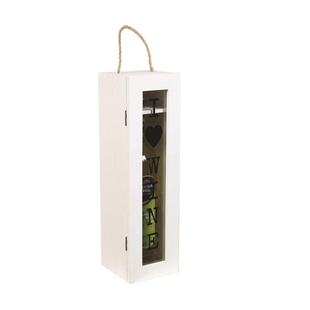 lacencn Single Bottle White Wooden Hinged Wine Box Glass Lid - I Love Wine - Gift