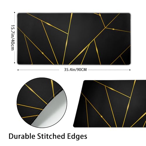 Image of Gaming Mouse Pad 35.4�15.7 Inch XXXL with Stitched Edges Extended Waterproof Gold Line Black Geometric Desk Pads Non-Slip Rubber Base Large Keyboard Mat Computer Gaming Mousepad for Work /Office /Home
