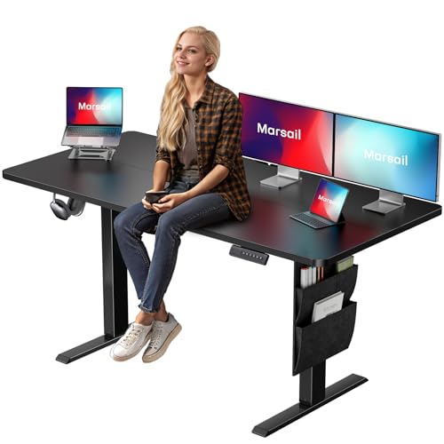 Image of Marsail Electric Adjustable Height Standing Desk with Storage Bag, 55 * 24 inch Sit Stand Up Desk for Home Office,Computer Gaming Workstation, 4 Memory Height Settings,Cable Manager, and Headphone Hook