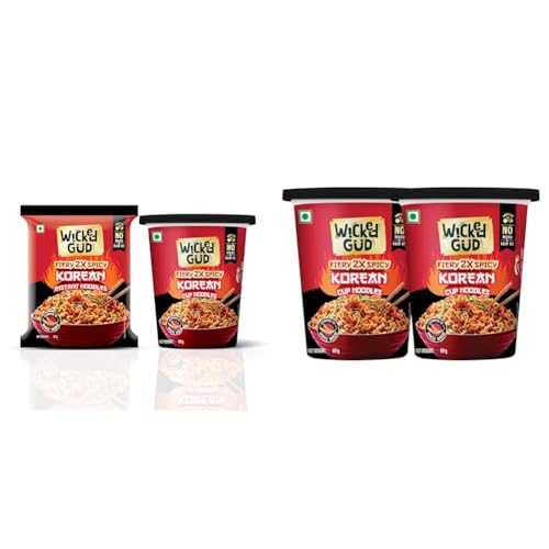 Image of WickedGud Fiery 2X Spicy Korean Noodles | Instant Pack and Cup Combo Pack of 2 | Whole Wheat | + WickedGud Korean Cup Noodles Fiery 2X Spicy Pack of 2 | Whole Wheat | No maida | No Palm Oil |