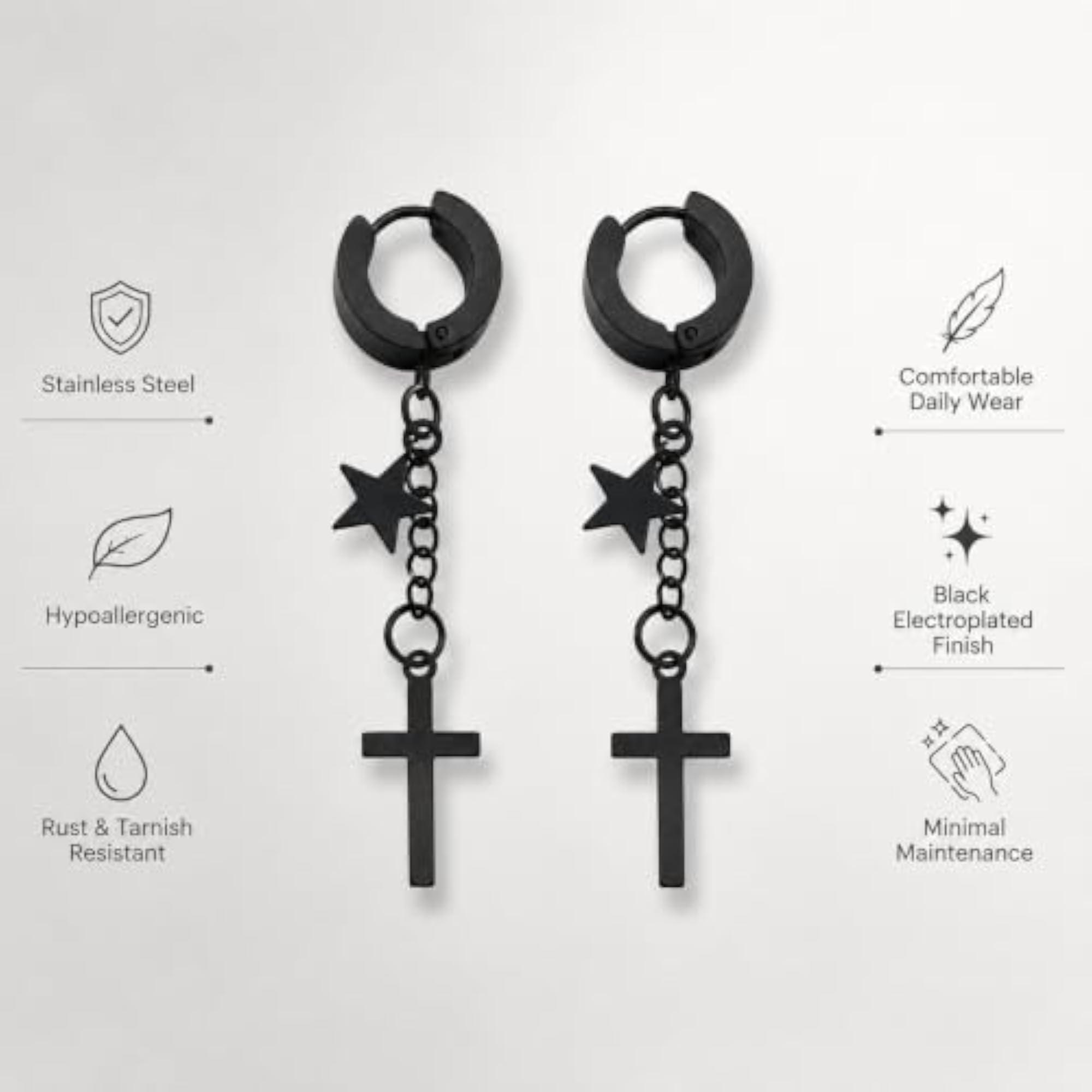 Religious Jesus Cross & Star Double Chain Charm Drop Hoop Earrings