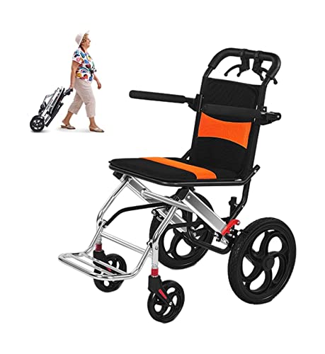 Silla de ruedas de aluminio ligera con frenos de mano, silla de viaje plegable portátil para ancianos, carrito de ruedas traseras de 12 pulgadas