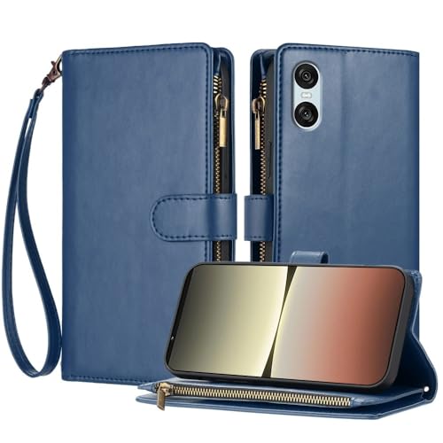 Protection Sony Xperia 5 V étui portefeuille en cuir bleu fermeture éclair