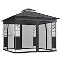 Outsunny 10' x 10' Outdoor Gazebo with Shelves and Netting, Double Roof Patio Gazebo Canopy Shelter, UV30+ Protected for Lawn, Backyard and Deck, Dark Gray