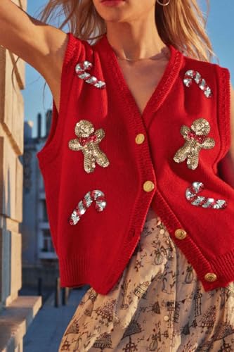 Image of Women Christmas Sweater Vests Santa Claus Print Sleeveless Knit Cardigan Vest Christmas Holiday Tank Top