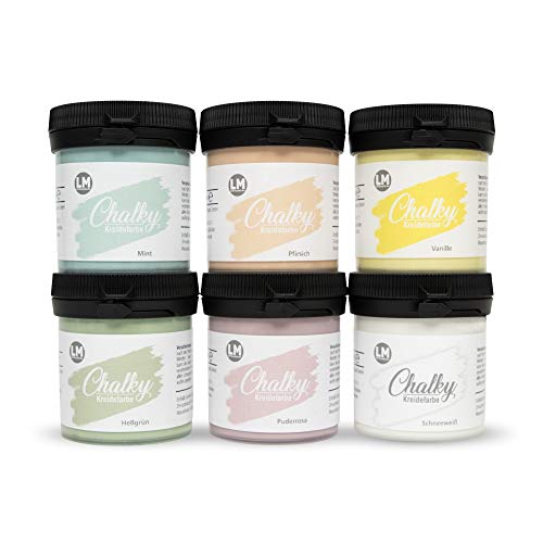 LM-Kreativ Chalky Kreidefarbe 6 x 100ml (Babyglück) - - Finish Kreide-Farbe für einen Vintage/Shabby-Chic-Look. Die Kreidefarben/Kalkfarbe sind auch als Holzfarbe verwendbar & trocken matt auf LM-Kreativ Chalky Kreidefarbe 6 x 100ml (Babyglück) - - Finish Kreide-Farbe für einen Vintage/Shabby-Chic-Look. Die Kreidefarben/Kalkfarbe sind auch als Holzfarbe verwendbar & trocken matt auf