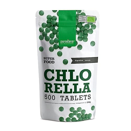 Chlorella Pura Ecológica y Orgánica, 500 comprimidos, hasta 3000 mg por dosis. Pared Celular Rota. Digestión y Detox. Proteina Vegana, Clorofila. Energía y Vitalidad. Sistema inmunitario. Purasana