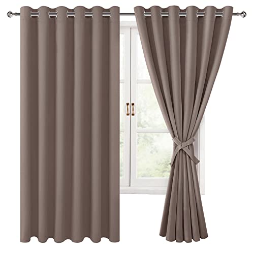 Hiasan Grommet Blackout Curtains for Bedroom, 70 x 63 Inches - Thermal Insulated & Light Blocking Window Drapes for Living Room/Dorm Room, Set of 2 Panels Sewn with Tiebacks, Tan
