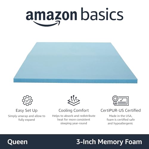 Image of Amazon Basics Cooling Gel-Infused Memory Foam Mattress Topper for Better Sleep Support, CertiPUR-US Certified, 3 inches, Queen, Blue