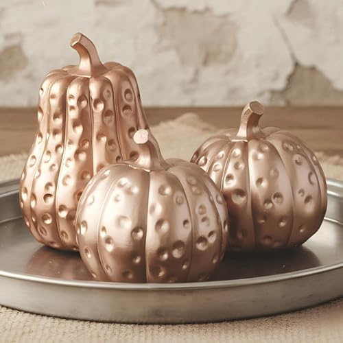 Yookeer 3 Pcs Fall Pumpkin Decor Resin Rose Gold Decorative Pumpkins Fall Thanksgiving Table Centerpiece Fake Artificial Pumpkin for Home Autumn Halloween Mantel Fireplace Farmhouse Indoor Decor