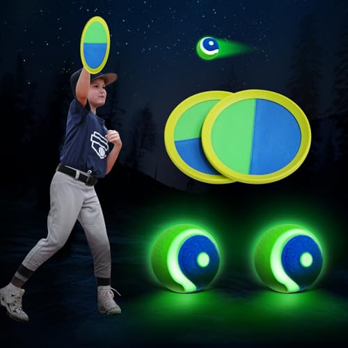 Raditoss LED Toss and Catch Ball Set – Glow-in-The-Dark & Daytime Play with Rechargeable Light-Up Balls, Includes 2 Paddles & 2 Balls – Indoor & Outdoor Toy for Kids, Toddlers & Adults Fun