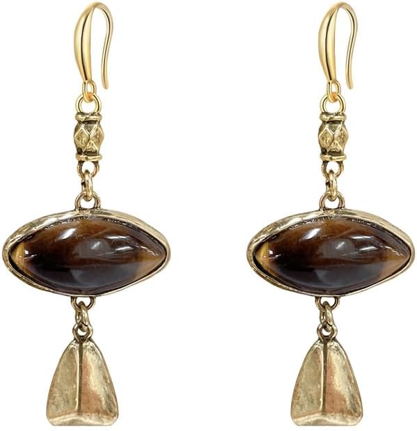 Vintage Oval Tiger Eye Stone Dangle Drop Earrings for Women Retro Handmade Geometric Triangle Natural Stone Statement Dangling Hook Hypoallergenic Fashion Jewelry
