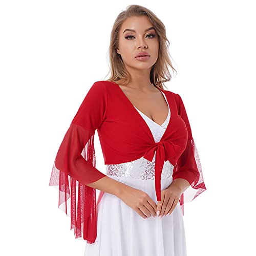 JanJean Women 3/4 Tulle Flared Sleeve Crop Top Cardigans Glittery Dance Top Performance Costumes Red One Size