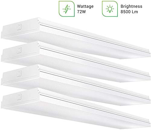 Sunco 4 Pack 11" Wraparound Garage LED Shop Light 4FT 5000K Daylight, 72W, 8500 LM, Integrated LED, Prismatic Lens, Hardwired, Linkable, Flush Mount Ceiling Light Fixture - ETL