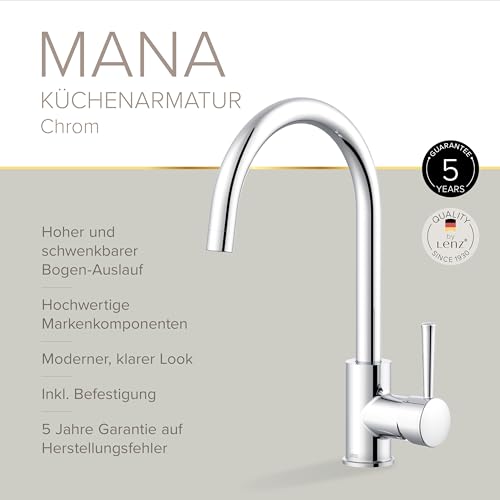 Lenz Küchenarmatur MANA in Chrom-Optik – mit hochwertiger Markenmischdüse und Markenkartusche – 360° schwenkbarer Bogenauslauf – 46031002