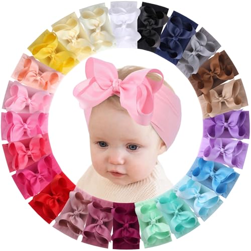 vobobe 24PCS Baby Girls Bows Headbands Newborn Nylon Hairbands Ribbon Bow Elastic Hair Accessories for Infants Toddlers and Kids