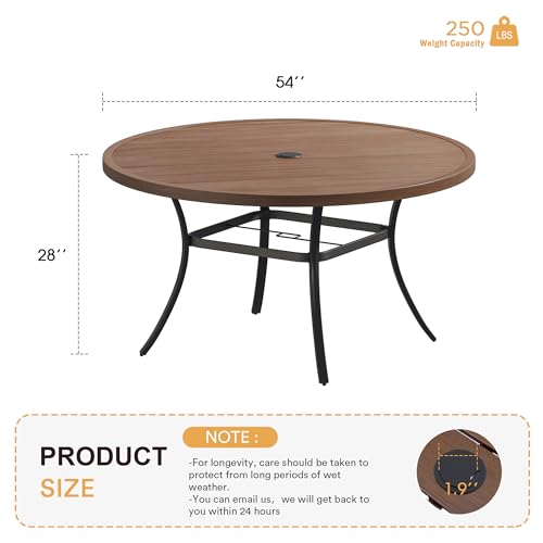 Image of VICLLAX 53 inch Outdoor Round Patio Table for Lawn Garden, All Weather Metal Round Patio Dining Table with Adjustable Umbrella Hole, Patio Table for 8 Person, Walnut Tabletop