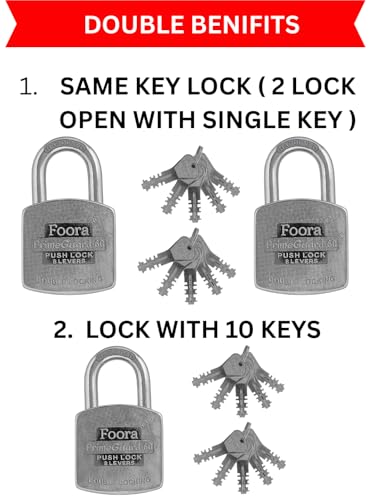 Image of Foora Primeguard Push Same Key Lock Set | 2 Heavy Duty Padlocks with 10 Keys | Double Locking 8 Lever Mechanism | Strong Metal Body | Multiple Lock and Key for Door Lock, and Shutter Security