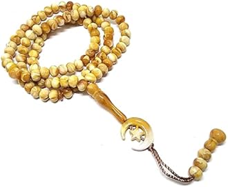 Islam Prayer Tasbih 99 Beads AMN-303 Muslim 8 mm. Rosary Bead Moon Star Decorated Tassels Haj Eid Ramadan Gift (Yellow_2)
