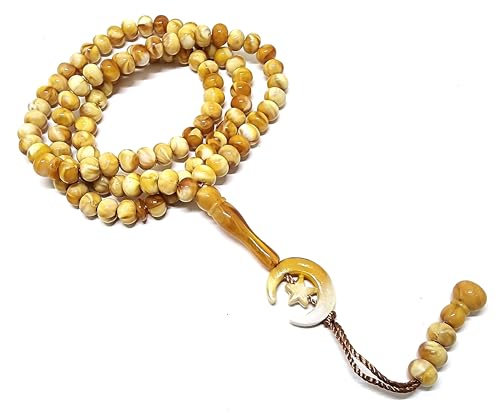 Islam Prayer Tasbih 99 Beads AMN-303 Muslim 8 mm. Rosary Bead Moon Star Decorated Tassels Haj Eid Ramadan Gift (Yellow_2)