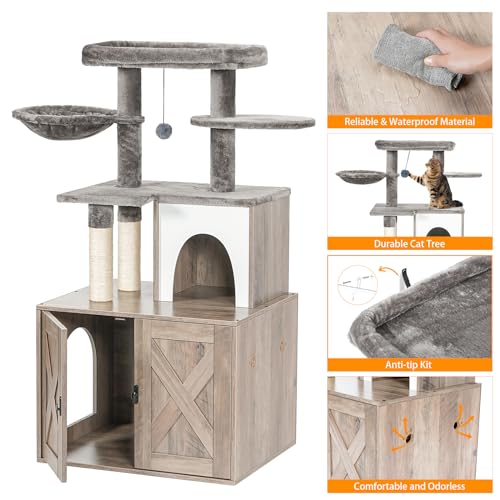 Snughome Cat Litter Box Enclosure with Tree Tower and Condo, Hidden Washroom Furniture with Sisal Scratching Post and Soft Plush Perch, Wooden Cat Furniture with Multiple Platforms, Grey