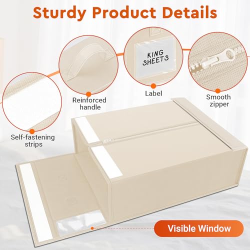 Image of StorageTastic 2 Pack Bed Sheet Closet Organizers and Storage,Sturdy Foldable Storage Containers with Window and Label,Storage and Organization for Bedding Sheets,Duvet Covers,Blankets (Beige)