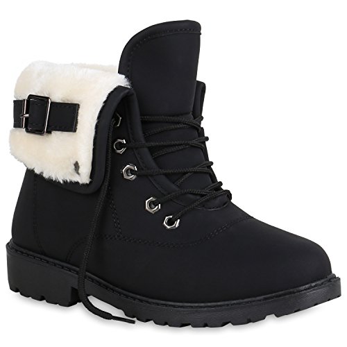 Damen Stiefeletten Warm Gefütterte Worker Boots Outdoor Schuhe 152138 Schwarz 36 Flandell