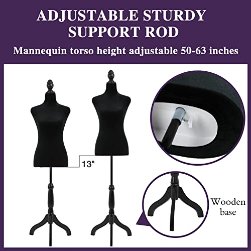Mannequin Female Mannequin Torso Dress Form 50"-63" For Display Women Mannequin Body Height Adjustable For Sewing Wooden Tripod Base,Foam Body(Black) #TOP4