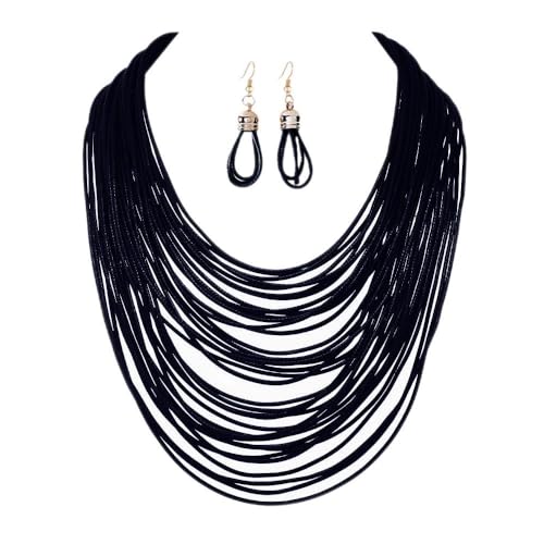 COLORFUL BLING African Multicolor Layered Chunky Bib Necklace for Women Tassel Wax Line Choker with Earrings Statement Jewelry Set-black