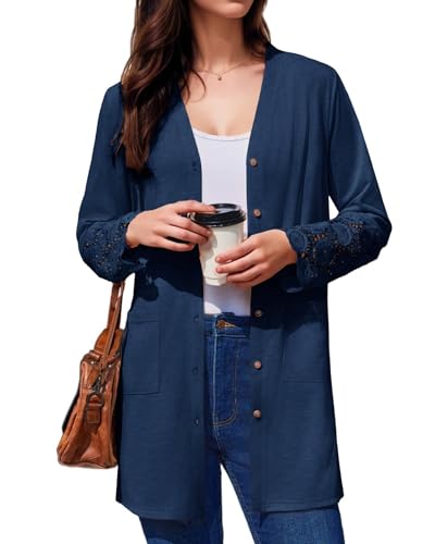Womens Lightweight Cardigan Casual Long Lace Sleeve Knitted Cardigan Sweaters Open Front Button Down Pockets Outwear