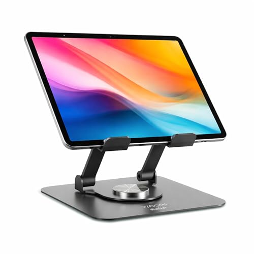 Image of iVOOMi Nimbus Tablet Stand for Desk with Cooling Vent, Adjustable 360 Rotating Tablet Holder, Foldable Metal iPad Stand for Tablets Up to 19 Inch, Black