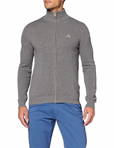 GANT Men's Cotton Pique Zip Cardigan Cardigan Sweater , Dark Grey Melange,XL