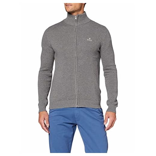 GANT Herr bomull piké, dragkedja, cardigan, tröja, Grå (mörkgrå melange 92), L