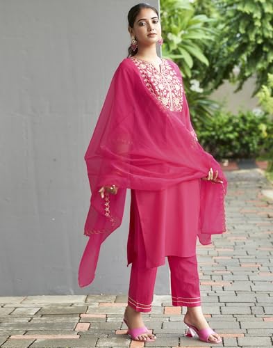Image of SKYLEE Silk Blend Embroidery Straight Kurta Set with Dupatta