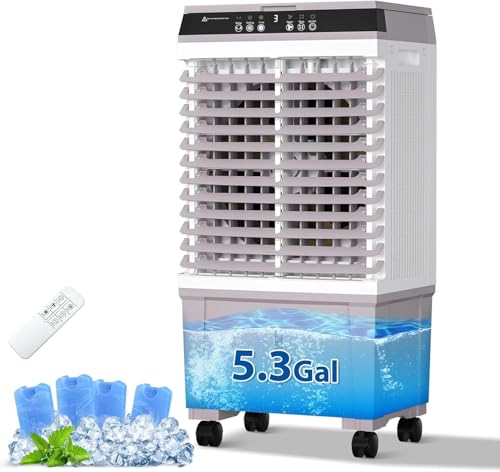 Enfriador de aire evaporativo, aire acondicionado portátil 1800 con tanque de agua de 40 L, 4 cajas de hielo, control remoto, 3 velocidades, temporizador de 12 horas, oscilación de 120° para el hogar