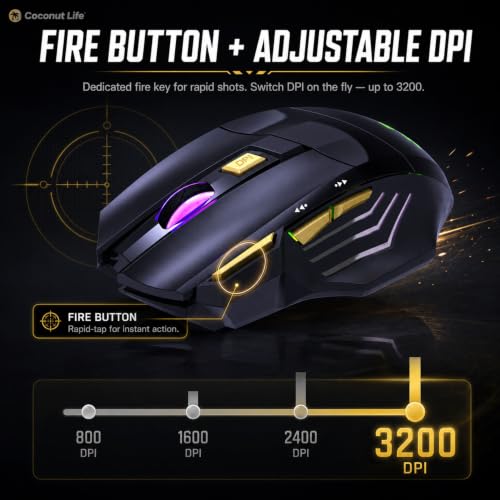 Image of coconut Gold+ Wireless Gaming Mouse Rechargeable, Bluetooth + 2.4GHz Dual Mode Multi Device Mouse, 3200 DPI, RGB LED Gaming Mouse with 7 Buttons & Fire Button, Ergonomic Mouse for Laptop PC Computer