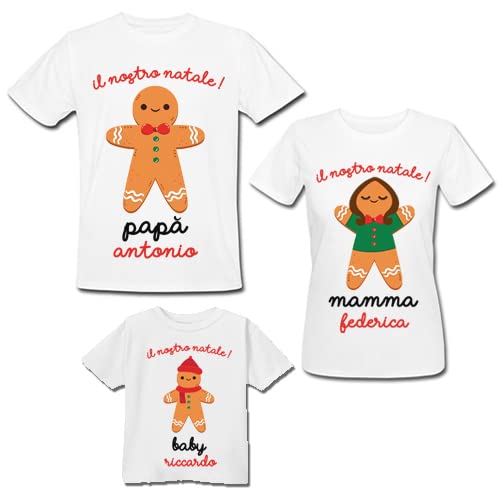 Pacchetto Kit Famiglia 3 Magliette, papà Mamma e Bimbo o Bimba, Il Nostro Natale, Personalizzate con Nomi! Biscottini Zenzero!