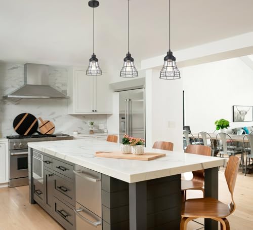 VICNIE Industrial 1-Light Pendant Light Farmhouse Hanging Lighting, Black Finish Cage,Seeded Glass,for Kitchen Island, Dining, Bedroom,Cafe, Basement, Bars, Restaurant,Hallway,Porch Corridor - Image 8