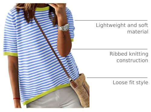 Image of Womens Short Sleeve Striped Color Block Crew Neck Sweater Shirt Lightweight Cotton Casual Summer Pullover Tops